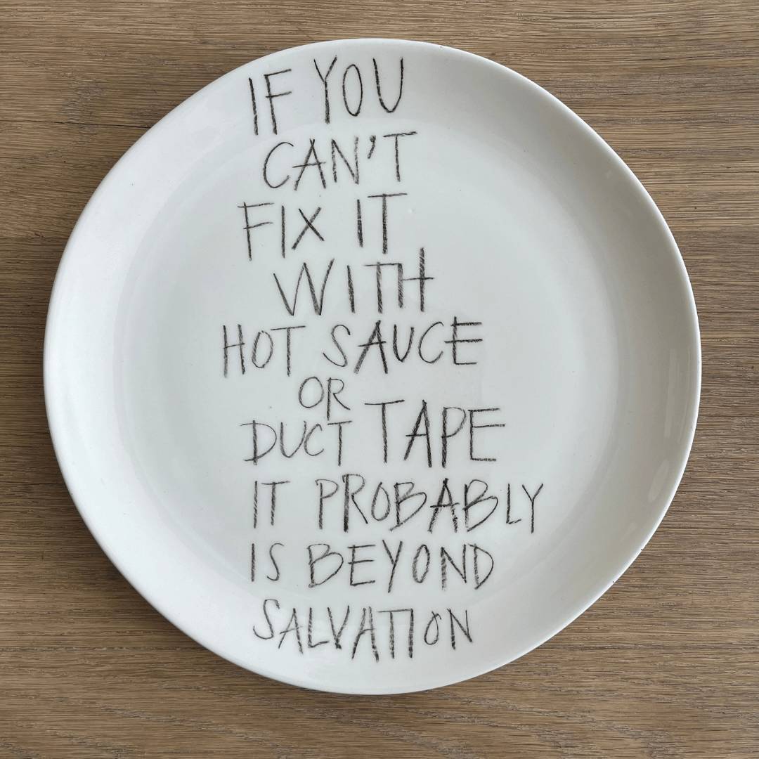 The Detailsmith Medium Handwritten Ceramic Plate ED 3 Duct tape & hot sauce
